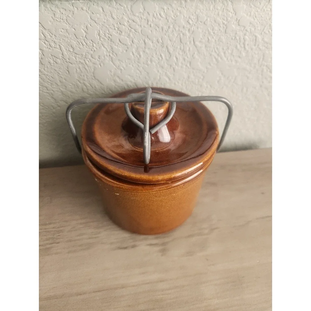 Vintage Brown Glazed Stoneware Cheese/Butter Crock with Bail Clamp Lid - 5 